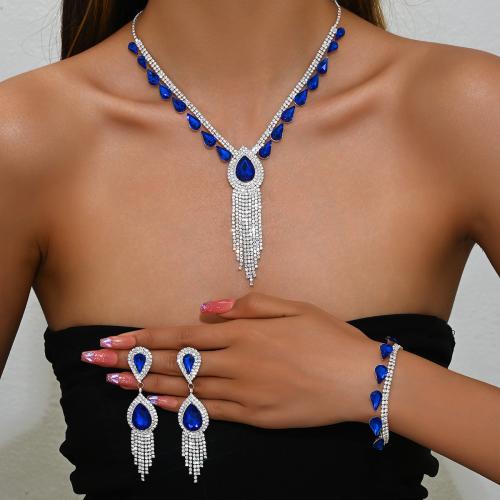 Brass Jewelry Set, bracelet & earring & necklace, with Rhinestone, plated, three pieces & for woman 