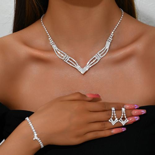 Brass Jewelry Set, bracelet & earring & necklace, with Rhinestone, plated, three pieces & for woman, silver color 