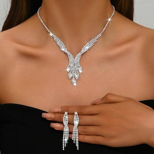 Brass Jewelry Set, earring & necklace, with Rhinestone, plated, 2 pieces & for woman, silver color 