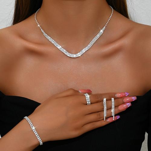 Brass Jewelry Set, finger ring & bracelet & earring & necklace, with Rhinestone, plated, 4 pieces & for woman, silver color 