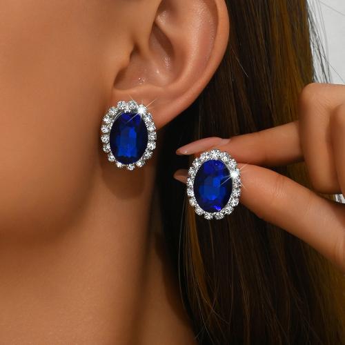 Zinc Alloy Stud Earring, with Crystal, Oval, plated, for woman & with rhinestone 