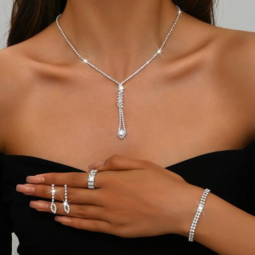 Brass Jewelry Set, finger ring & bracelet & earring & necklace, with Rhinestone, plated, 4 pieces & for woman, silver color 