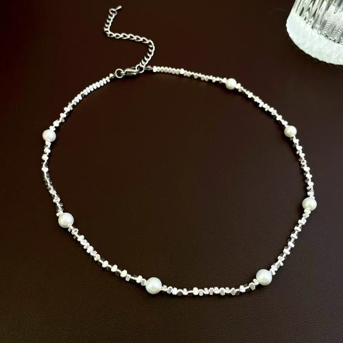 Collier de perles en plastique, alliage de zinc, avec perle de plastique, bijoux de mode & styles différents pour le choix & pour femme, argent Environ 47 cm, Vendu par PC