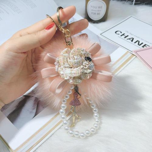 Fur Plush Key Chain, Zinc Alloy, with Fox Hair & Velveteen & Plastic Pearl, multifunctional & for woman 80mm 