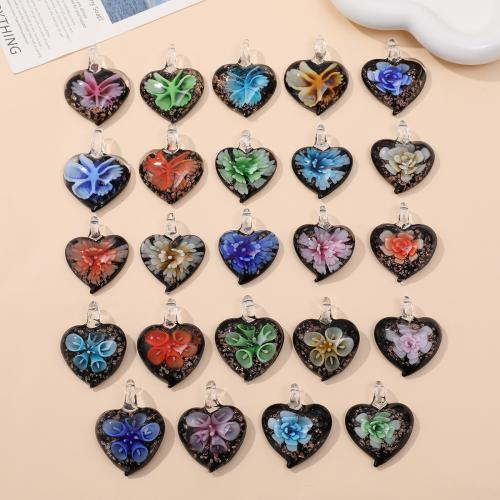 Inner Flower Lampwork Pendants, Heart, DIY 