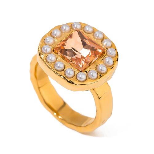 Bague en acier inoxydable , Acier inoxydable 304, avec perle de plastique, Plaqué or 18K, bijoux de mode & pour femme & avec strass Vendu par PC