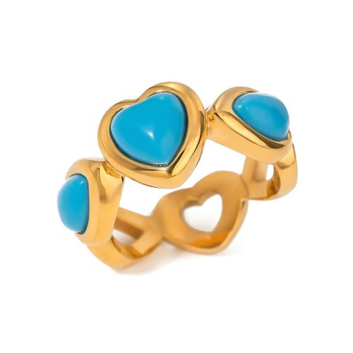 Gemstone Stainless Steel Finger Ring, 304 Stainless Steel, with turquoise, fashion jewelry & for woman & hollow, gold, US Ring 