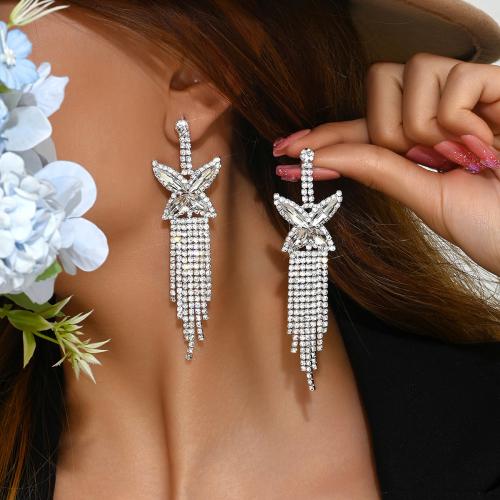 Brass Tassel Earring, with Rhinestone, Butterfly, plated, fashion jewelry & for woman 