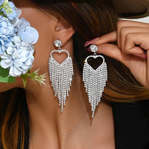 Brass Tassel Earring, with Rhinestone, Heart, plated, for woman & hollow, silver color 