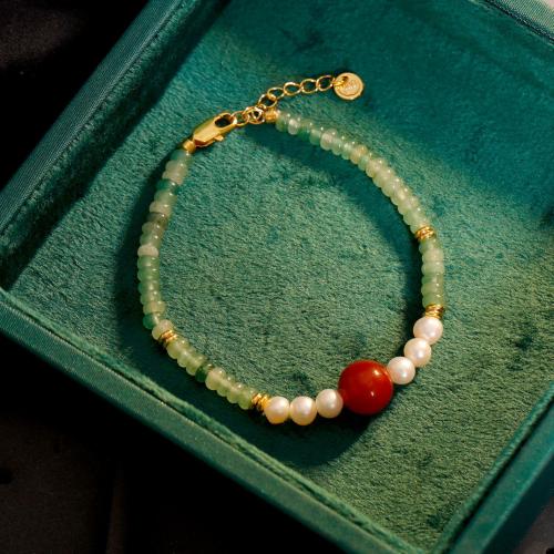 Gemstone Pearl Bracelets, Brass, with Natural Stone & Agate & Freshwater Pearl, with 3.5cm extender chain, 18K gold plated, fashion jewelry & for woman, green Approx 17.5 cm [