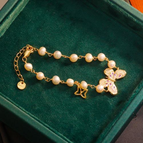 Cultured Freshwater Pearl Brass Bracelet, with Freshwater Pearl, with 4cm extender chain, 18K gold plated, fashion jewelry & for woman & enamel Approx 15.4 cm 