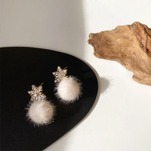 Fluffy Pom Pom Earrings, Zinc Alloy, with Plush, fashion jewelry & micro pave cubic zirconia & for woman, golden, 35mm 