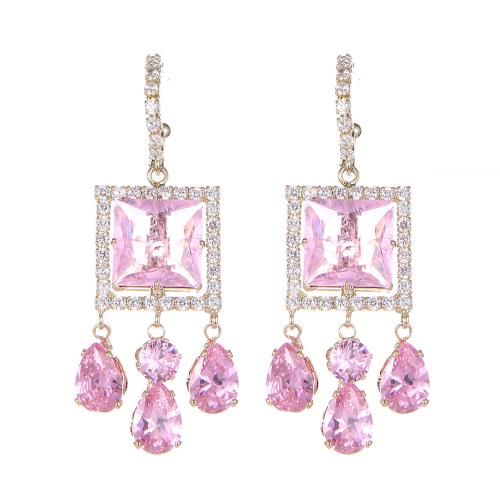 Cubic Zirconia Micro Pave Brass Earring, fashion jewelry & micro pave cubic zirconia & for woman, pink 