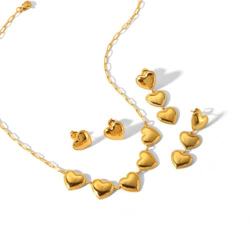 Fashion Stainless Steel Jewelry Sets, 304 Stainless Steel, Stud Earring & earring & necklace, Heart, Vacuum Ion Plating, fashion jewelry & for woman, golden 