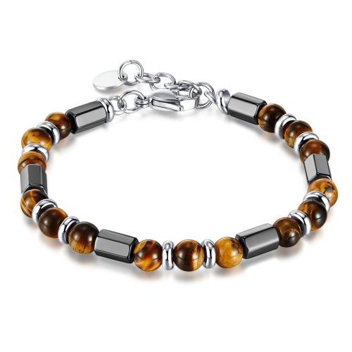 Tiger Eye Stone Bracelets, 304 Stainless Steel, with Tiger Eye, with 25mm extender chain, fashion jewelry & for man mm 