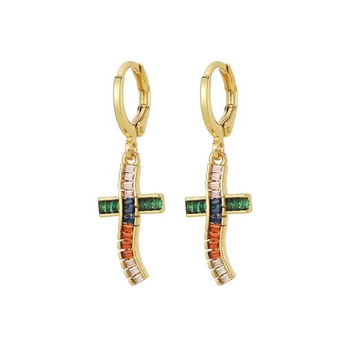 Cubic Zirconia Micro Pave Brass Earring, Cross, plated, micro pave cubic zirconia & for woman 