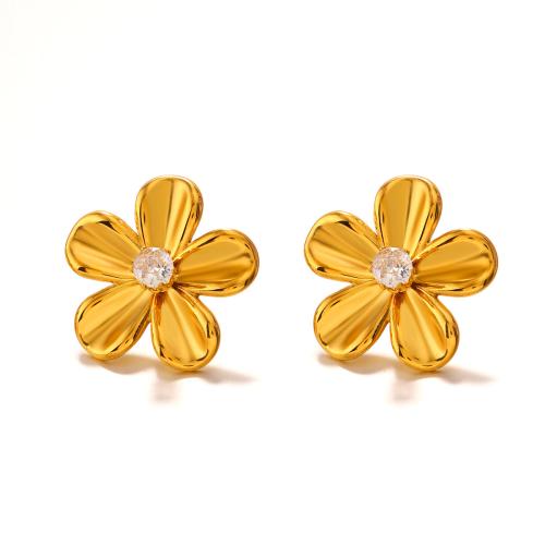 Stainless Steel Cubic Zirconia Stud Earring, 304 Stainless Steel, Flower, 18K gold plated, fashion jewelry & micro pave cubic zirconia & for woman, golden 