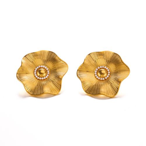 Edelstahl Stud Ohrring, 304 Edelstahl, mit Kunststoff Perlen, Blume, 18K vergoldet, Modeschmuck & für Frau, goldfarben, 34x34mm, verkauft von Paar