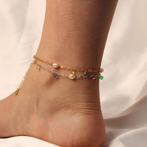 Stainless Steel Anklets Jewelry, Titanium Steel, with Plastic Pearl, with 5cm extender chain, plated, fashion jewelry & micro pave cubic zirconia cm 