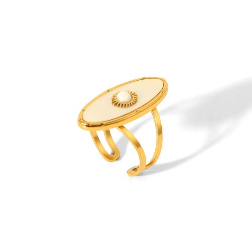 Titanium Steel Finger Ring, with White Shell & Plastic Pearl, gold color plated, fashion jewelry, gold 