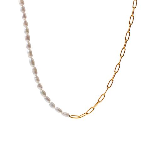 Titanium Steel Chain Necklace, with Plastic Pearl, gold color plated, fashion jewelry, golden 