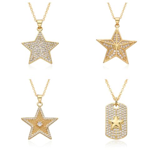 Cubic Zircon Micro Pave Brass Necklace, Star, plated & micro pave cubic zirconia & for woman, golden 