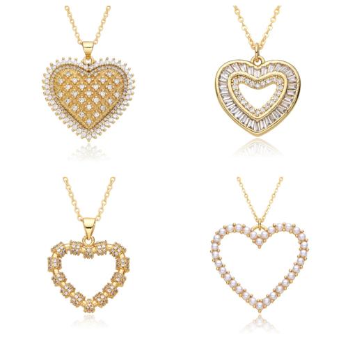 Cubic Zircon Micro Pave Brass Necklace, with Shell & Plastic Pearl, Heart, plated & micro pave cubic zirconia & for woman, golden Approx 41-50 cm 