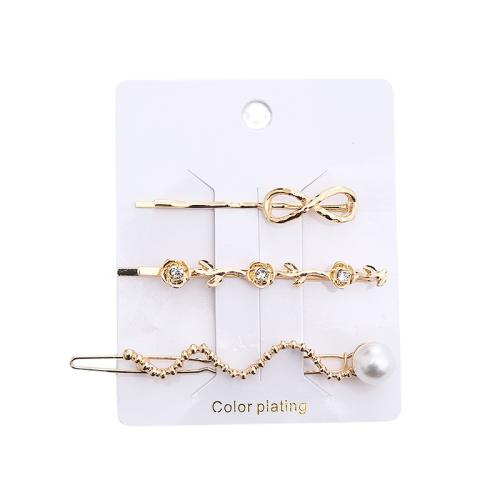 Hair Slide, Zinc Alloy, with Plastic Pearl, plated, three pieces & for woman & with rhinestone, golden 