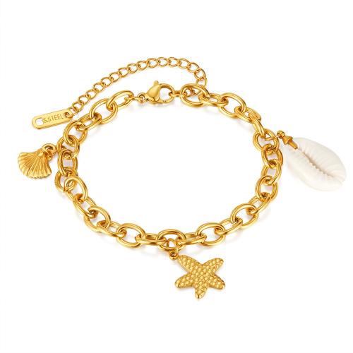 Stainless Steel Charm Bracelet, 304 Stainless Steel, with Shell, plated, for woman, golden 