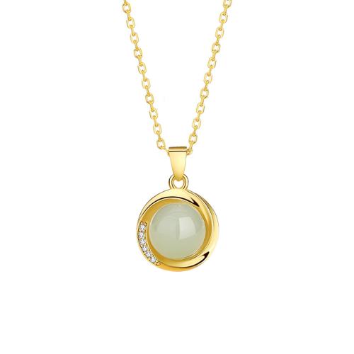 925 Sterling Silver Necklace, with Hetian Jade, with 2inch extender chain, gold color plated, cross chain & micro pave cubic zirconia & for woman Approx 15.7 Inch 