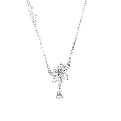 925 Sterling Silver Necklace, with 2inch extender chain, Heart, platinum plated, oval chain & micro pave cubic zirconia & for woman Approx 15.7 Inch 