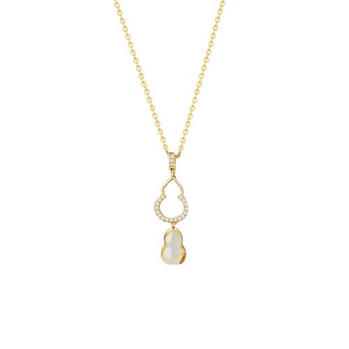 925 Sterling Silver Necklace, with Hetian Jade, with 2inch extender chain, Calabash, gold color plated, oval chain & micro pave cubic zirconia & for woman & hollow Approx 15.7 Inch 