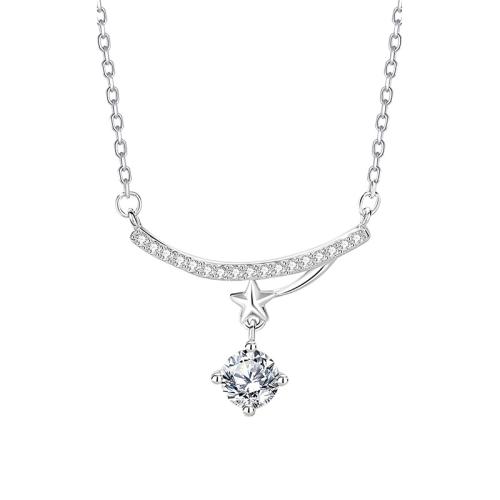 925 Sterling Silver Necklace, with 2inch extender chain, Star, oval chain & micro pave cubic zirconia & for woman Approx 15.7 Inch 