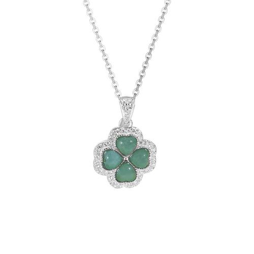 925 Sterling Silver Necklace, with Jadeite, with 2inch extender chain, Four Leaf Clover, oval chain & micro pave cubic zirconia & for woman Approx 15.7 Inch 