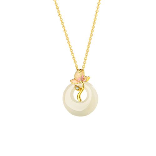 925 Sterling Silver Necklace, with Hetian Jade, with 2inch extender chain, Flower, gold color plated, oval chain & micro pave cubic zirconia & for woman Approx 15.7 Inch 