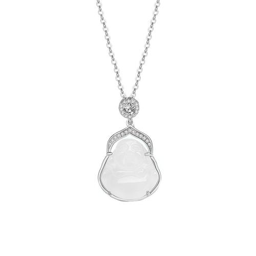 925 Sterling Silver Necklace, with White Chalcedony, with 2inch extender chain, Buddha, oval chain & micro pave cubic zirconia & for woman Approx 15.7 Inch 