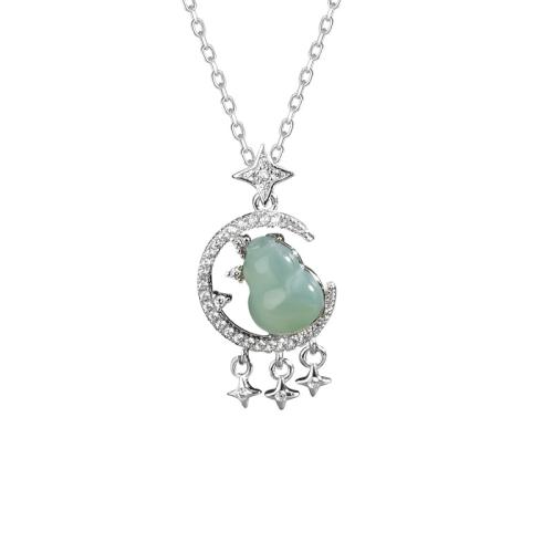 925 Sterling Silver Necklace, with Jadeite, with inch extender chain, Moon and Star, platinum plated, oval chain & micro pave cubic zirconia & for woman Approx 15.7 Inch 