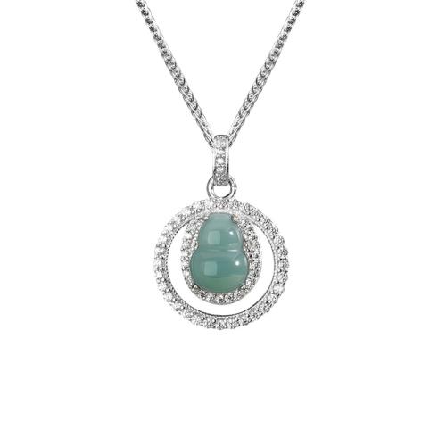 925 Sterling Silver Necklace, with Jadeite, with 2inch extender chain, platinum plated, chopin chain & micro pave cubic zirconia & for woman & hollow Approx 15.7 Inch 