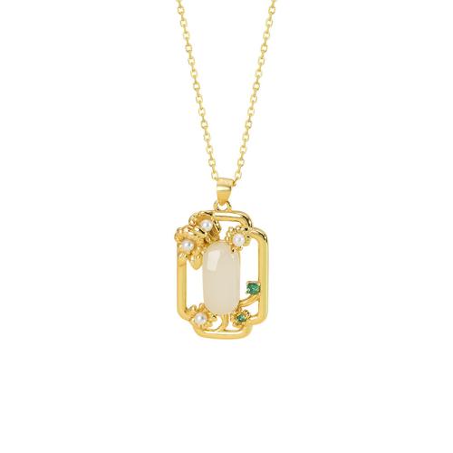 925 Sterling Silver Necklace, with Hetian Jade & Plastic Pearl, with 2inch extender chain, Geometrical Pattern, gold color plated, oval chain & micro pave cubic zirconia & for woman & hollow Approx 15.7 Inch 