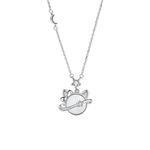 925 Sterling Silver Necklace, with Chalcedony, with 2inch extender chain, Cat, platinum plated, oval chain & micro pave cubic zirconia & for woman Approx 15.7 Inch 