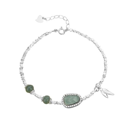 925 Sterling Silver Bracelet, with Jadeite, with 1.2inch extender chain, Leaf, micro pave cubic zirconia & for woman, silver color Approx 6.3 Inch 