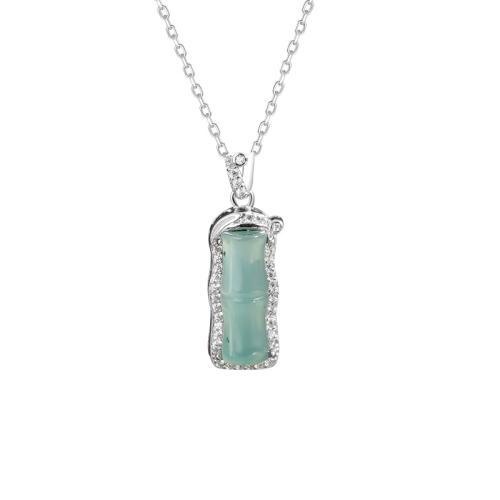 925 Sterling Silver Necklace, with Jadeite, with 2inch extender chain, Bamboo, platinum plated, oval chain & micro pave cubic zirconia & for woman Approx 15.7 Inch 