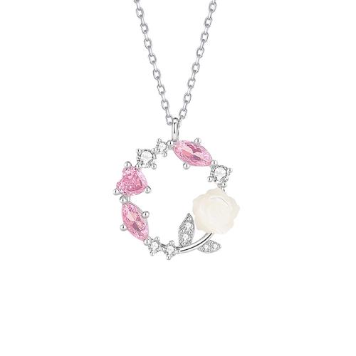 925 Sterling Silver Necklace, with Shell, with 2inch extender chain, Flower, platinum plated, oval chain & micro pave cubic zirconia & for woman Approx 15.7 Inch 