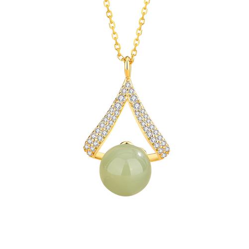 925 Sterling Silver Necklace, with Hetian Jade, with 2inch extender chain, Teardrop, gold color plated, oval chain & micro pave cubic zirconia & for woman Approx 15.7 Inch 