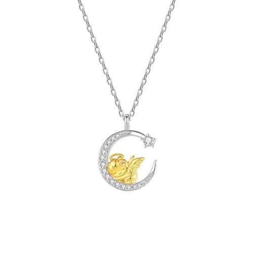 925 Sterling Silver Necklace, with 2inch extender chain, Angel, oval chain & micro pave cubic zirconia & for woman Approx 15.7 Inch 