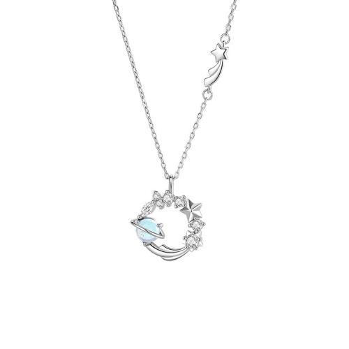 925 Sterling Silver Necklace, with Lampwork, with 2inch extender chain, platinum plated, oval chain & micro pave cubic zirconia & for woman & hollow Approx 15.7 Inch 