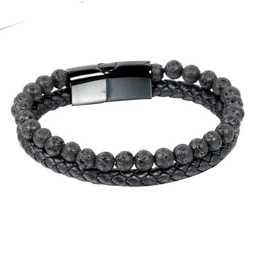 PU Leather Cord Bracelets, 304 Stainless Steel, with leather cord & Lava, Double Layer & fashion jewelry & for man Approx 21 cm 