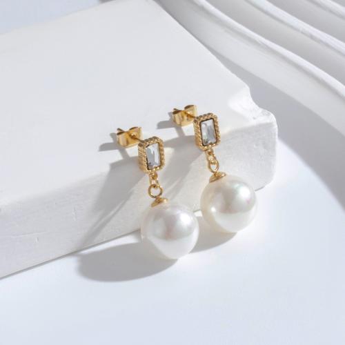 Titanium Steel Earrings, with Plastic Pearl, fashion jewelry & micro pave cubic zirconia & for woman 