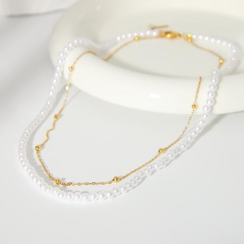 Collier de bijoux de titane, Acier titane, avec perle de plastique, Placage de couleur d'or, bijoux de mode, doré, Vendu par PC