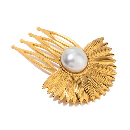 Decorative Hair Combs, 304 Stainless Steel, with Plastic Pearl, Flower, fashion jewelry & for woman, gold 